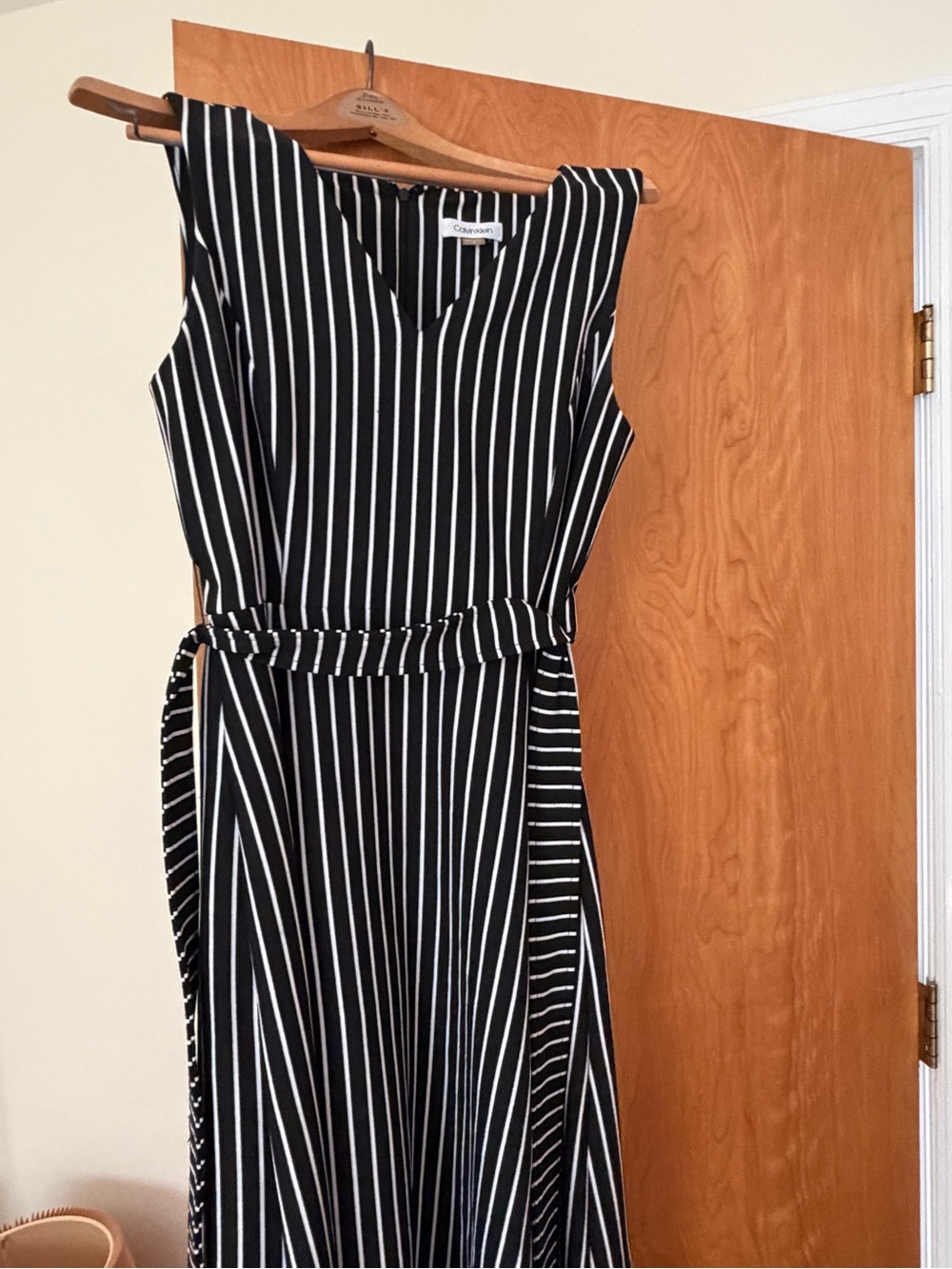 Calvin Klein Black and White Vertical Stripe V-Neck Dress